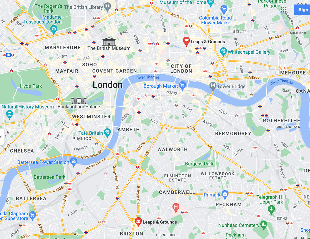 Map showing two  London locations of Leaps & Grounds. One at the British Red Cross office in Moorgate, and another in Pop Brixton.