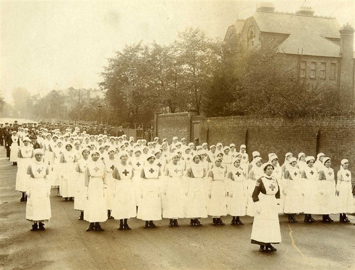 Red Cross nurses line up for inspection in Fulham.
