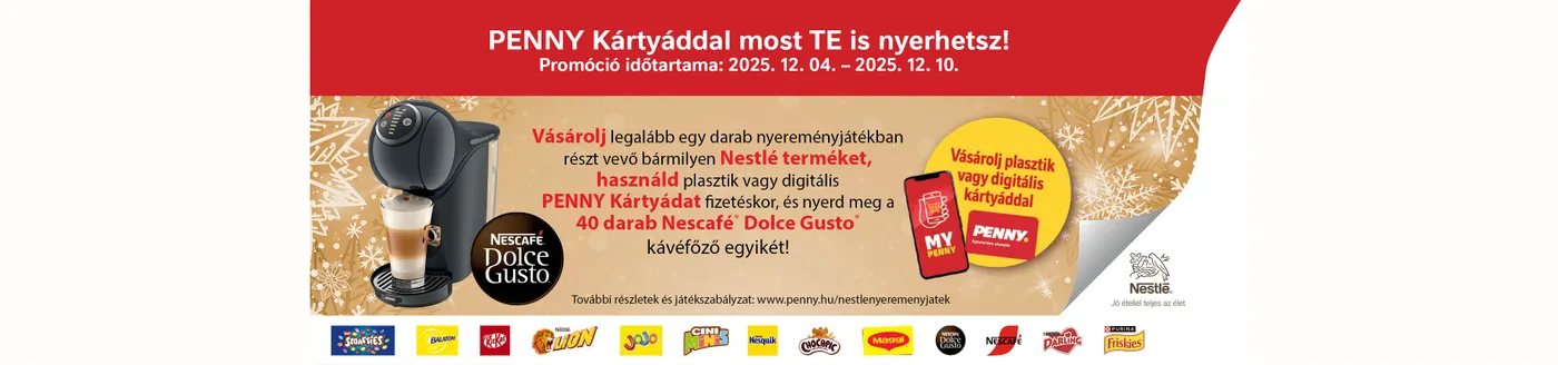Vásárolj legalább egy darab nyereményjátékban részt vevő bármilyen Nestlé terméket, használd PENNY Kártyádat a fizetéskor,
és nyerd meg a 40 darab Nescafé® Dolce Gusto® kávéfőző egyikét!