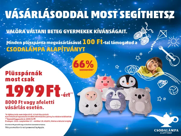 vásárlásoddal most segíthetsz valóra váltani beteg gyerekek kívánságait. Plüsspárnák most csak 1999ft-ért 8000 ft vagy afeletti vásárlás esetén.