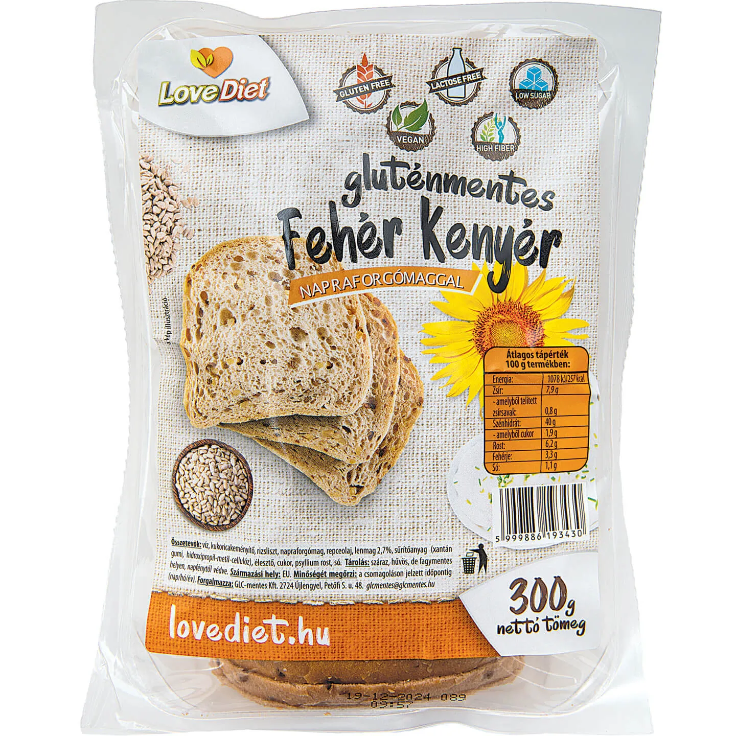 LOVE DIET GLUTÉNMENTES FEHÉR KENYÉR NAPRAFORGÓMAGGAL 300G