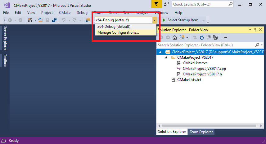 Visual Studio will create a CMakeSettings.json file if you do not already have one.