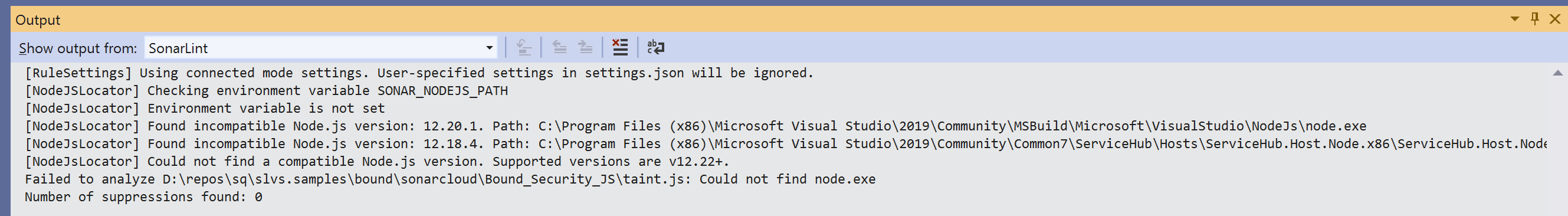 Your Visual Studio Output window will look similar if a compatible Node.js version is not found by SonarLint