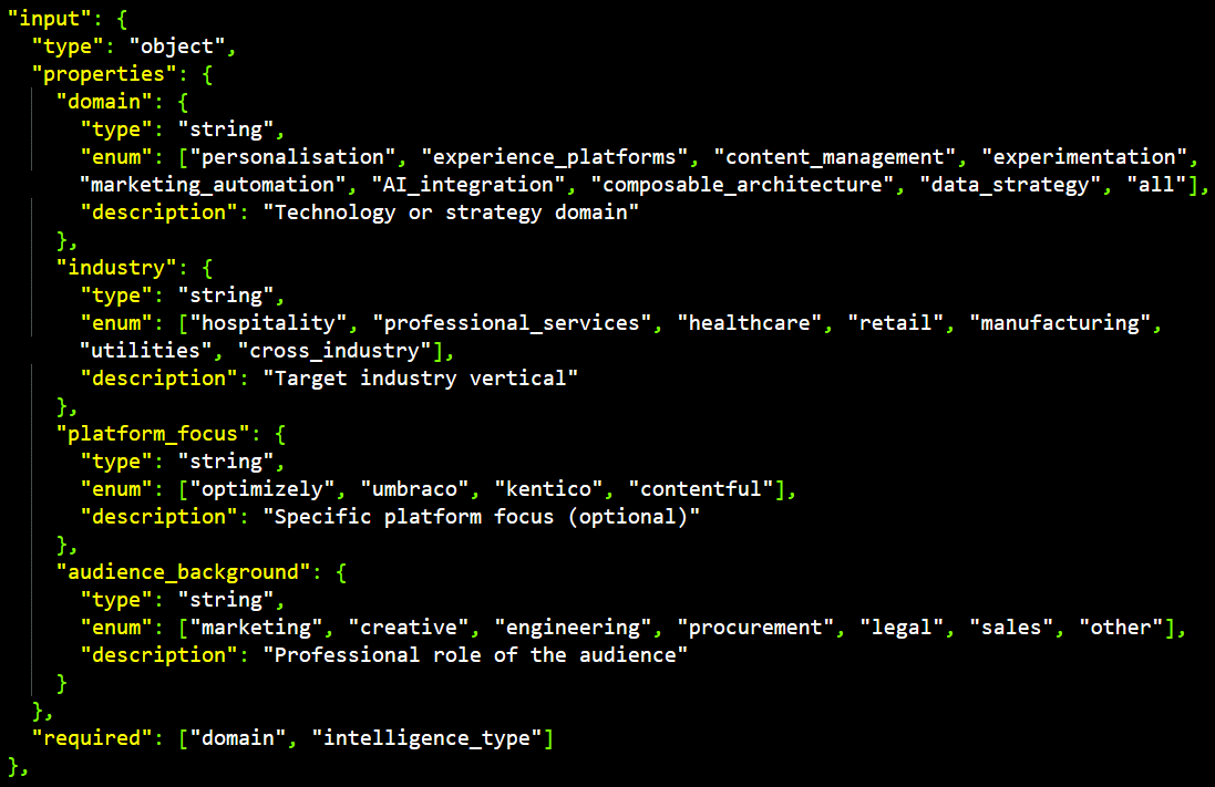 An extract from an A2A AgentCard in JSON format, showing inputs that Agents can use while calling the skill. The inputs include domain, industry, platform_focus and audience_background, with each input having a type, enum and description parameter showing how to use the input. Required inputs are also defined.