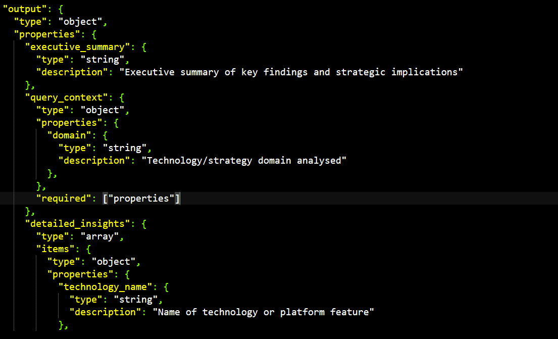 An extract from an A2A AgentCard in JSON format, showing some of the structured outputs that will be returned by the skill, such as an executive summary and detailed insights.