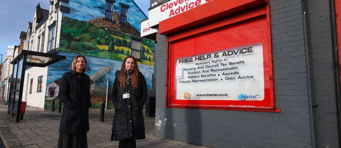 Two ladies stood facing the camera, outside Cleveland Housing Advice Centre in Middlesbrough.