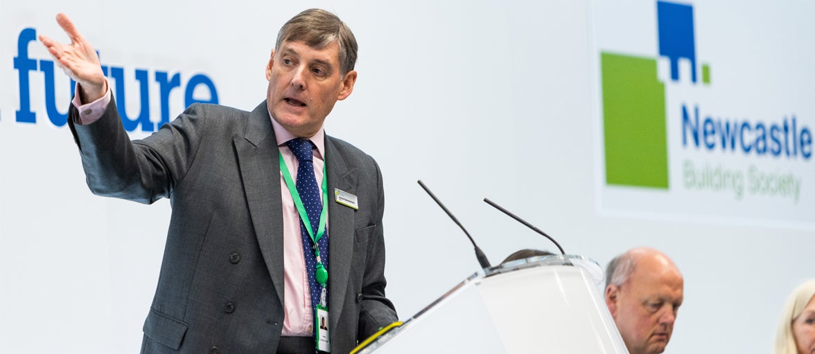 Chair of Newcastle Building Society, James Ramsbotham CBE DL, taking at the Annual General Meeting in 2023. 