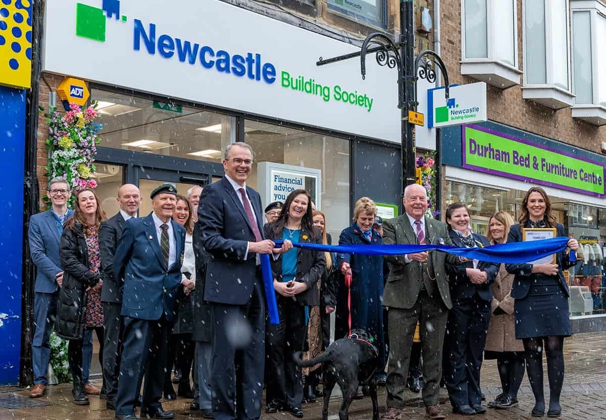 Group of Newcastle Building Society Colleagues celebrating outside of the new Bishop Auckland branch