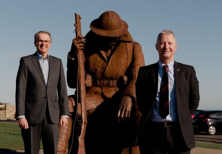 Andrew Haigh stood beside the 'Walking with the Wounded' memorial in Seaham. 