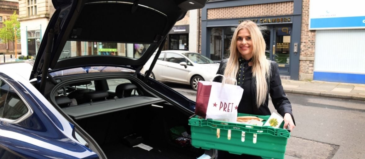 Newcastle Building Society colleague, Sarah, volunteering with onHand to deliver surplus Pret-A-Manger food to local foodbanks