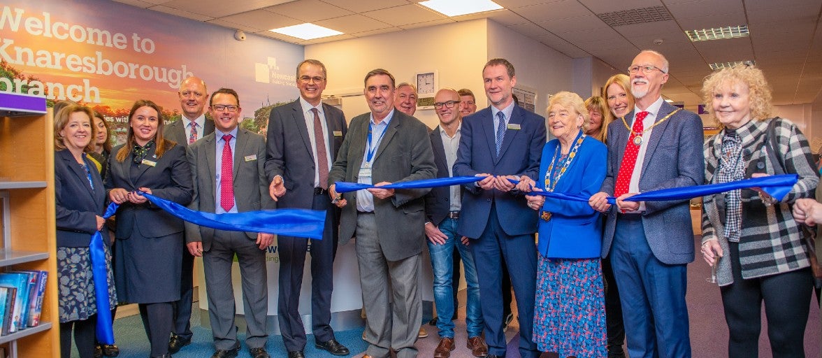 Newcastle Building Society representatives alongside members of the local community and council officials at the launch of Knaresborough branch.