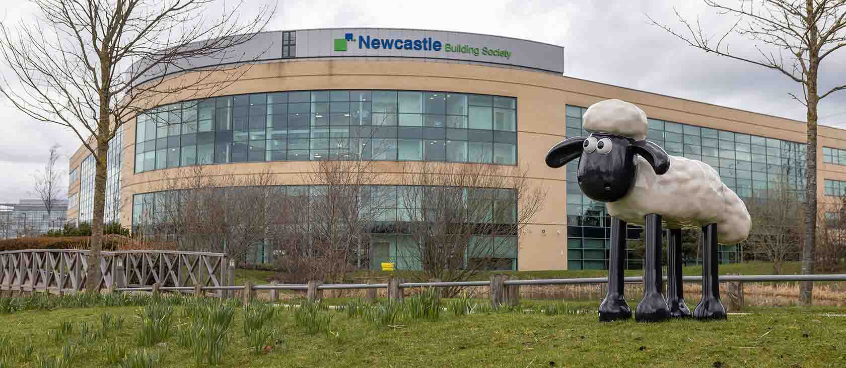 Sculpture of Shaun the Sheep stood in front of the Newcastle Building Society head office, Cobalt office.