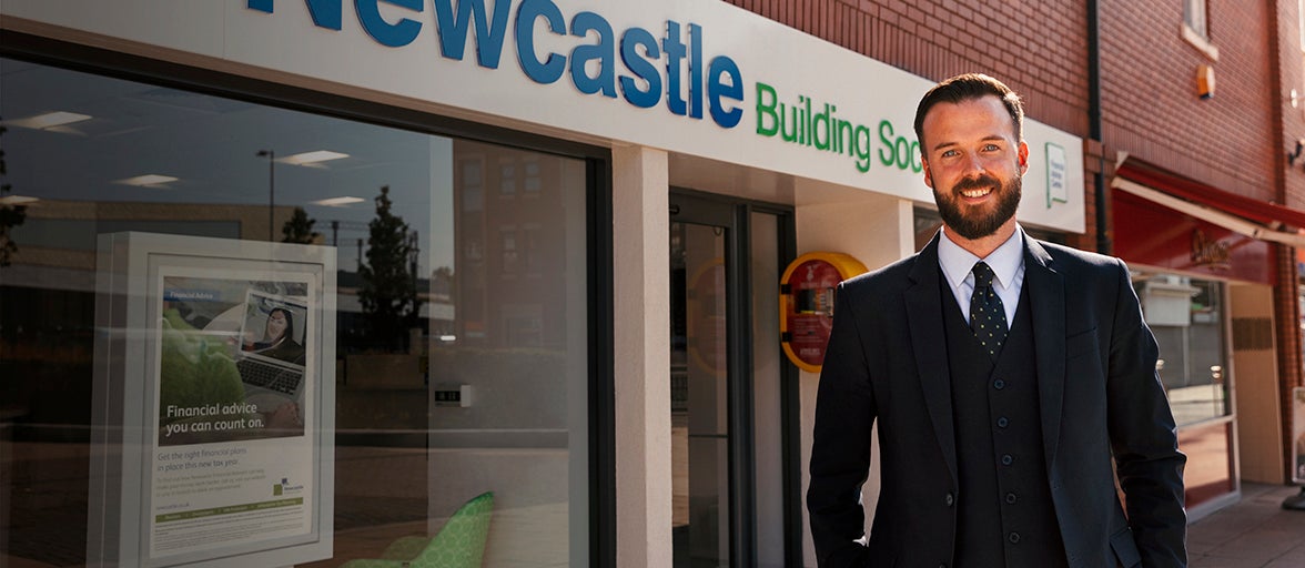 Branch Manager stood outside the Newcastle Building Society South Shields branch.