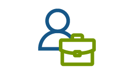 Icon showing a blue person with a green suitcase