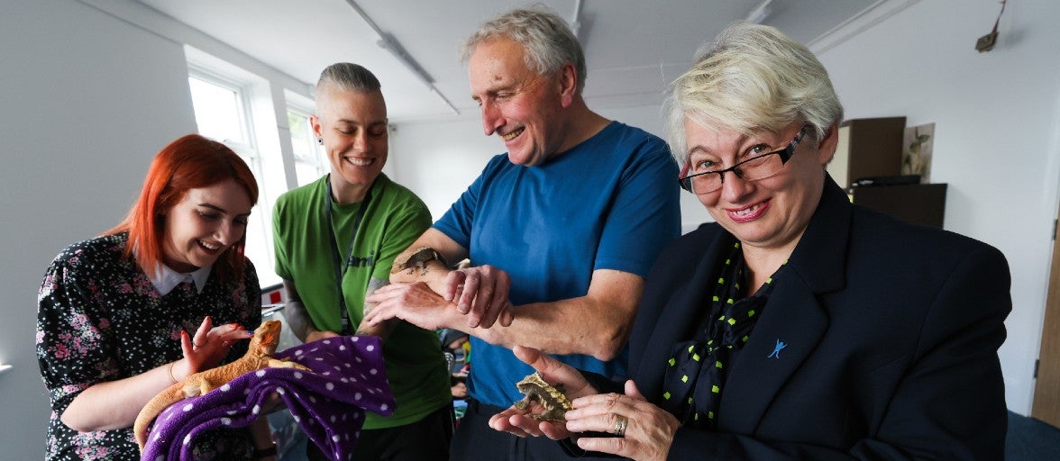 A group of four people holding some animals, including a bearded dragon and a frog.