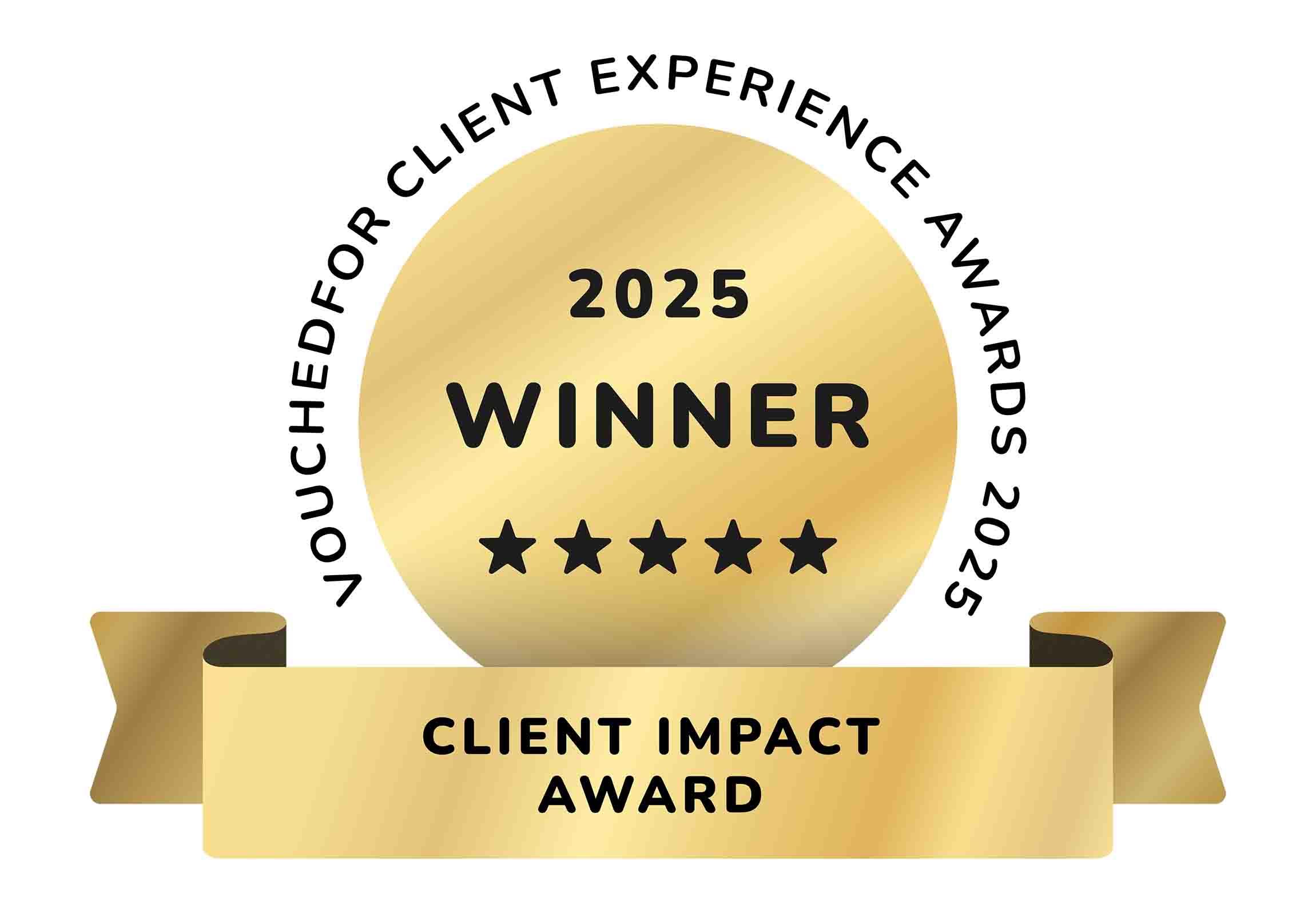 A logo detailing, Client Impact Award, Vouchedfor client experience awards 2025.