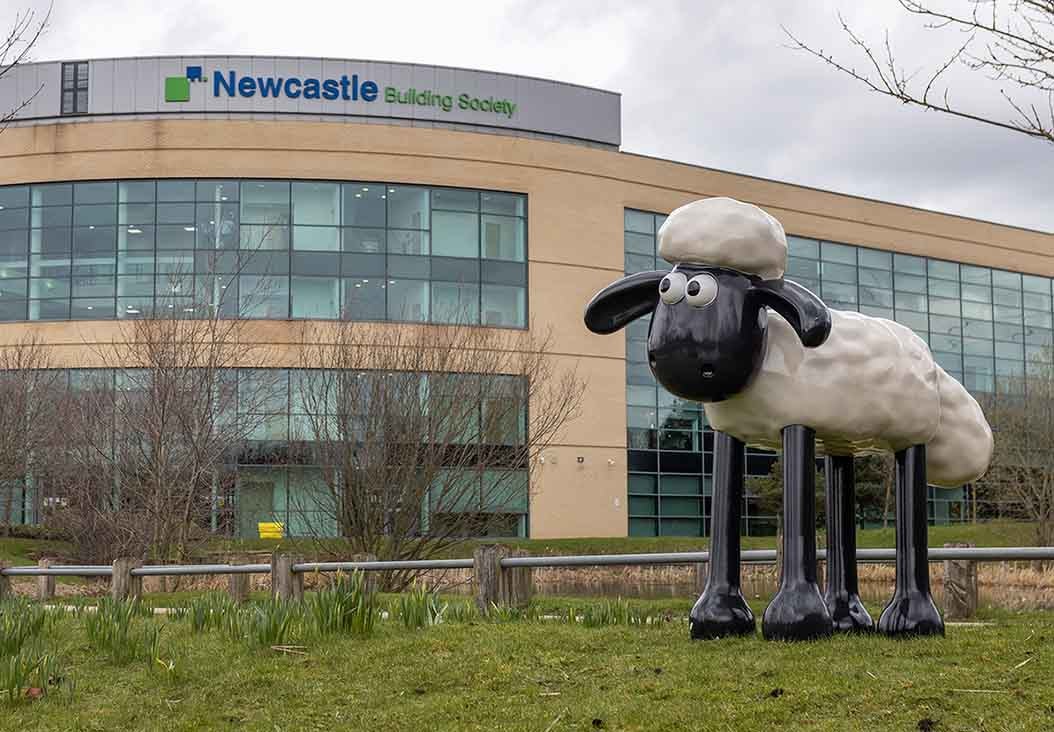 Sculpture of Shaun the Sheep stood in front of the Newcastle Building Society head office, Cobalt office.