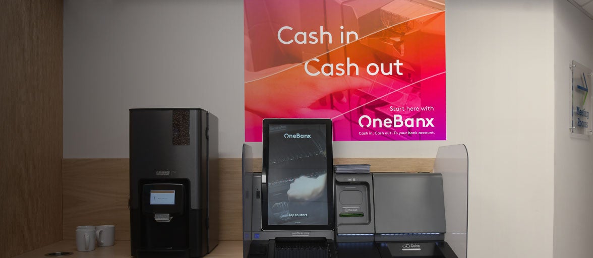 Image of OneBanx kiosk in Newcastle Building Society's Pickering branch. 