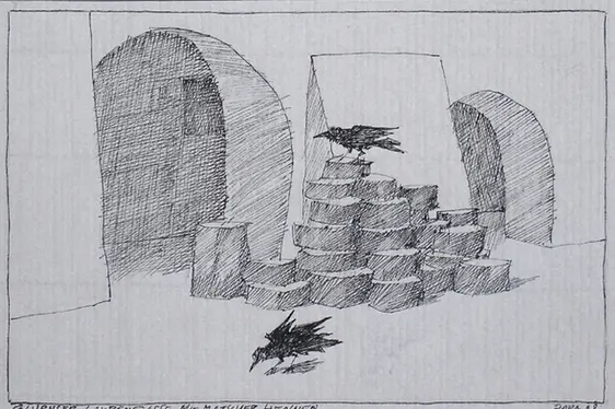 Paul Flora, Glurnser Laubengasse mit Matscher Hennen. Foto Glurns Marketing