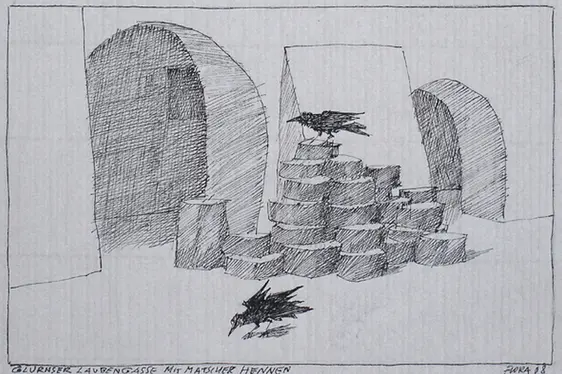 L'opera di Paul Flora Glurnser Laubengasse mit Matscher Hennen. Foto Glurns Marketing