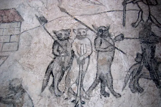 Museum Schloss Moos-Schulthaus, gotische Wandmalerei, die Katzenritter . Foto Museum Schloss Moos-Schulthaus