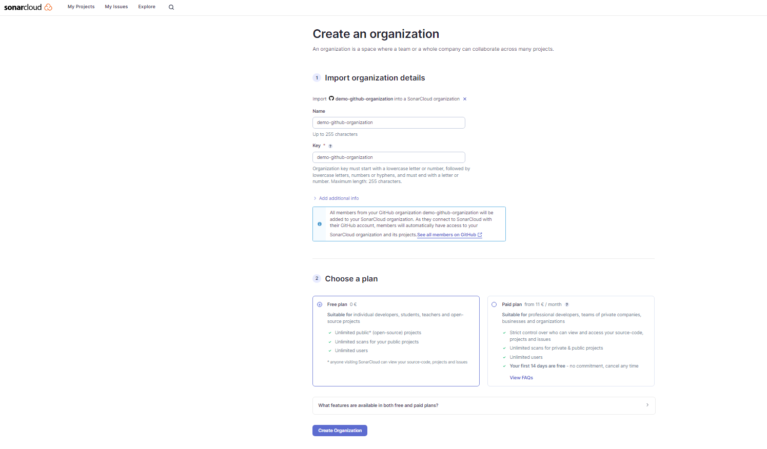 SonarCloud organization creation