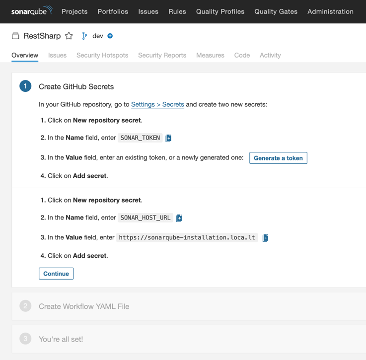 Set up a secret in SonarQube to connect to GitHub