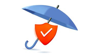 A blue umbrella with a red shield and a check mark