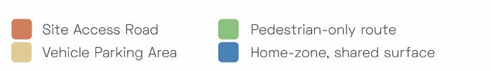 Key to identify site access road, pedestrian-only route, vehicle parking area and shared surface on proposed site layout diagram above.