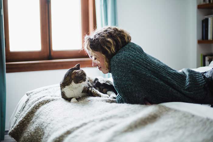 Woman lying on a bed with a cat