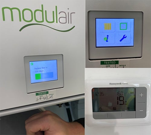 Modulair heating control panel and Honeywell thermostat