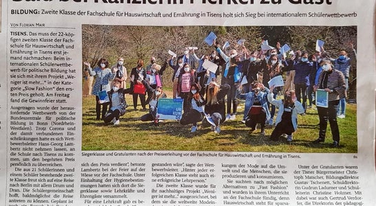 Zeitungsartikel zum Wettbewerb Politische Bildung. Foto: FS Tisens Zeitungsartikel zum Wettbewerb Politische Bildung. Foto: FS Tisens