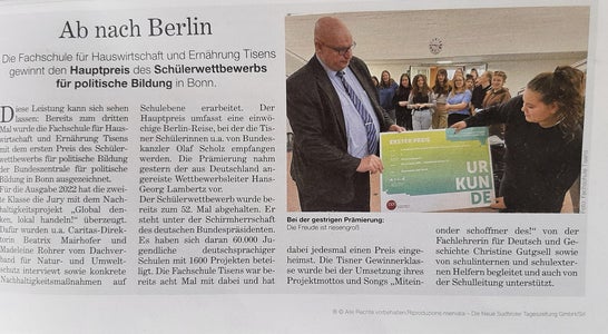 Preisverleihung des Wettbewerbs politische Bildung. Foto: FS Tisens Preisverleihung des Wettbewerbs politische Bildung. Foto: FS Tisens