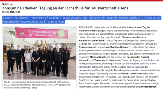Tag der Hauswirtschaft, Beitrag vom Landespresseamt. Screenshot FS Tisens Tag der Hauswirtschaft, Beitrag vom Landespresseamt. Screenshot FS Tisens