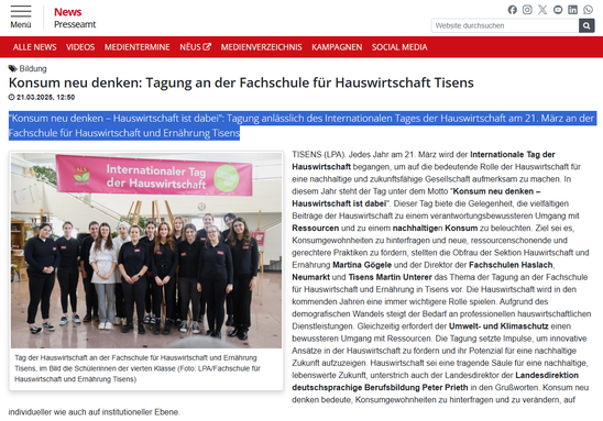 Tag der Hauswirtschaft, Beitrag vom Landespresseamt. Screenshot FS Tisens Tag der Hauswirtschaft, Beitrag vom Landespresseamt. Screenshot FS Tisens