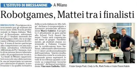 Ritaglio articolo: Robotgames, Mattei tra i finalisti Ritaglio articolo: Robotgames, Mattei tra i finalisti