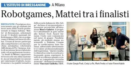 Ritaglio articolo: Robotgames, Mattei tra i finalisti Ritaglio articolo: Robotgames, Mattei tra i finalisti