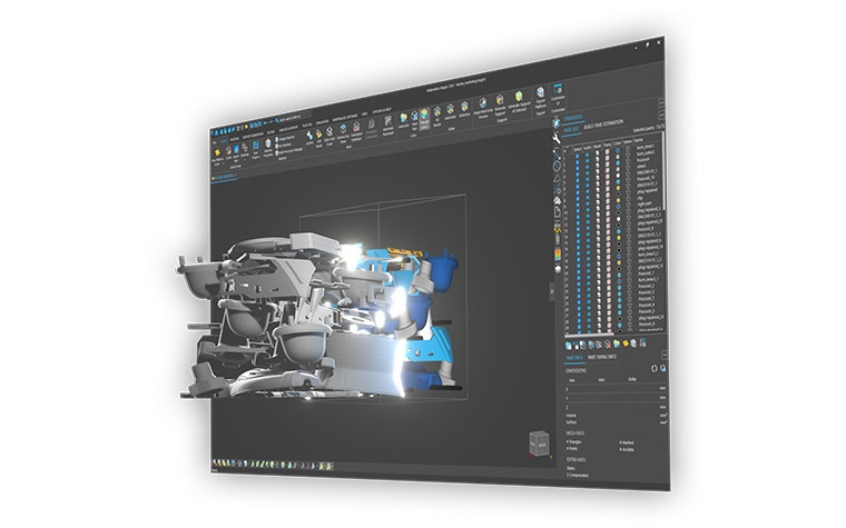 Screenshot of Materialise Magics with a nested build popping out of the screen
