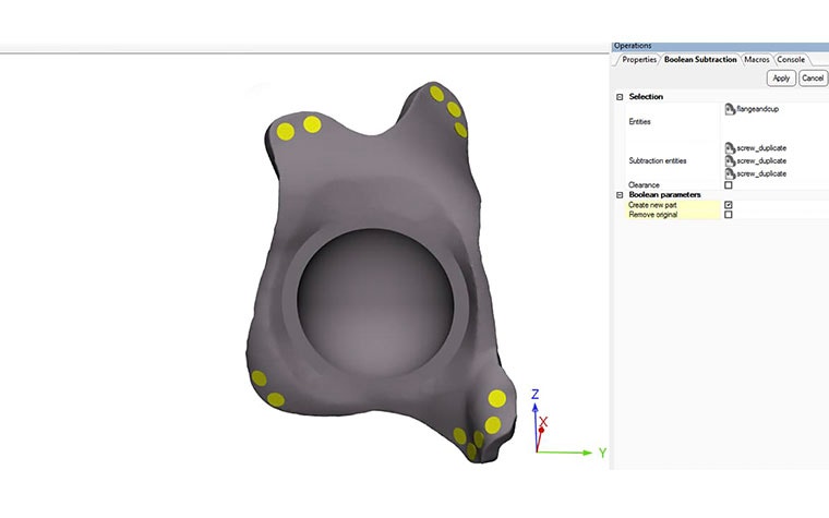 Digital image of a personalized hip implant in medical software with screw locations marked in yellow