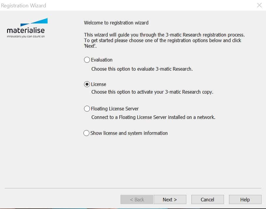 Screenshot of the Registration Wizard with "License" selected