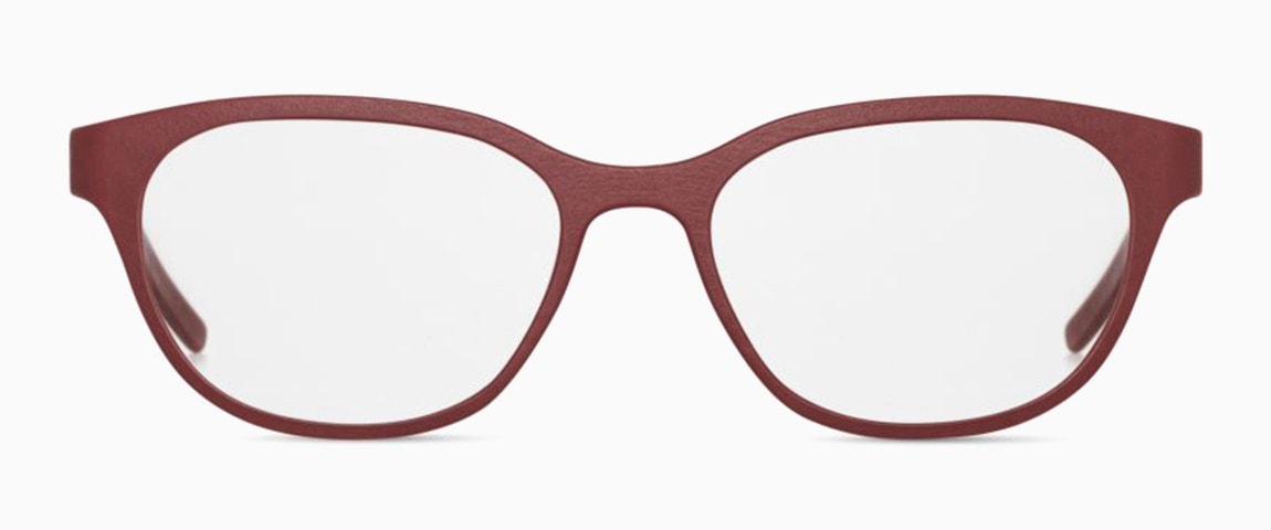 Close-up of red Yuniku+Orgreen eyeglasses