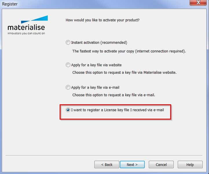Screenshot of the Registration Wizard with a box around "I want to register a License key file I received via e-mail"