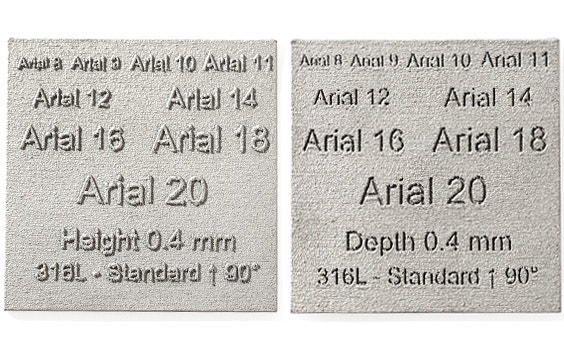 Exemples de texte en relief et gravé dans un acier inoxydable de qualité standard SS316L