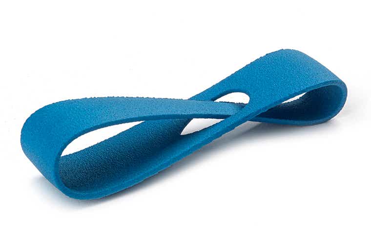 A petrol-blue 3D-printed loop made from PA 12 using laser sintering, with a color-dyed finish. 