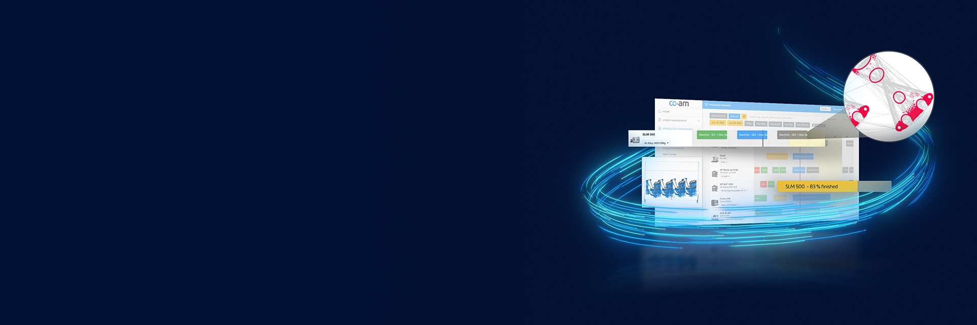 显示 CO-AM 软件的屏幕，弹出不同的字段，并有霓虹灯蓝线环绕
