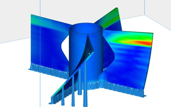 Diseño 3D de una hélice con un mapa térmico que muestra el riesgo de líneas de contracción