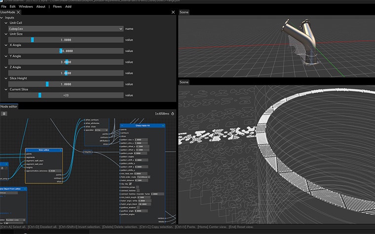 Three screens of CO-AM Brix's user interface. On the top right is a window showing the UserMode and inputs such as x, y, and z angles, slice height, current slice, unit cell, and unit size values. Below is another window showing CO-AM Brix's Node editor and low-code environment. There are boxes containing parameters, with lines linking them. The last screen on the right shows different scenes/views of a 3D model.