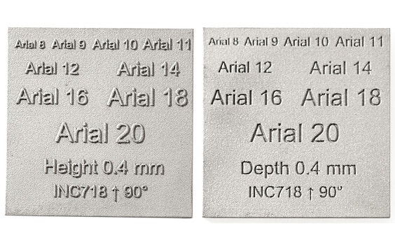 Examples of embossed and engraved text in standard grade Inconel