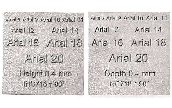 Exemples de textes estampés et gravés dans de l'Inconel de qualité standard