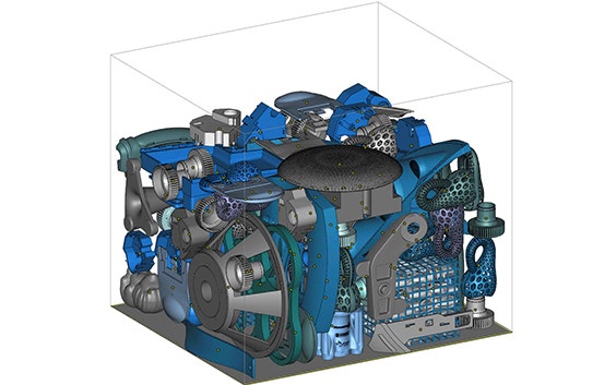 3Dプリント用に準備された、ボックス内にネストされた多くのパーツ